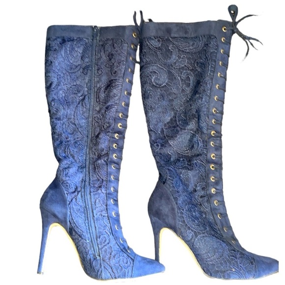 Anika Navy Blue Suede and Lace Stiletto Boots Lace Up Front Detail Side Full Zip - Picture 4 of 14